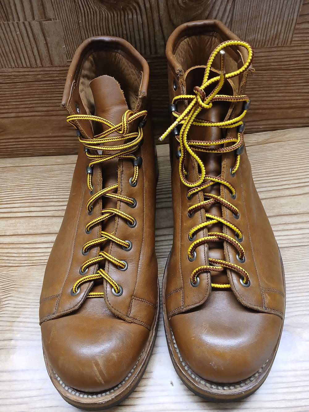 Unmarked Goodyear Leather Welt Lace-Up Boots with Yellow Accents Size 12